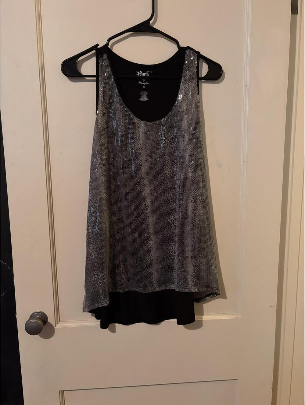 Black and Silver Sequin Sheer Sleeveless Tunic Top Size M